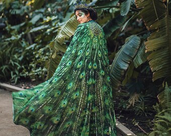 Cape peacock scarf Bohemian clothing cloak feathers print green sarong bird Festival Clothing