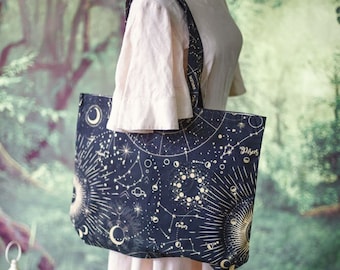 Stars Astronomy Tote bag Print All Over Witch Whimsigoth bag fabric shopping bag large shoulder bag vintage zodiac sign gift