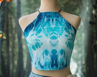 Halter Bikini Top, Blue Wave Print Scuba Knit Swimwear