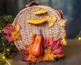 Autumn bag wood and leather mushrooms and pumpkin vintage  basket inspired handbag cottagecore