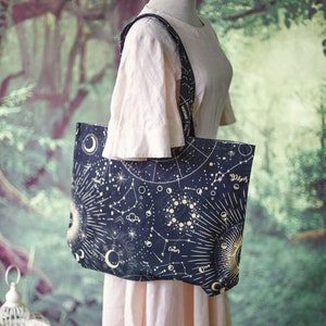 Astronomie Tragetasche Print All Over Hexe Whimsigoth Tasche Stoff Einkaufstasche große Schultertasche Vintage Sternzeichen Geschenk