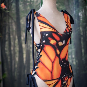 One Piece Swimsuit Beach Outfit Laced like a corset adjustable Monarch butterfly image 2
