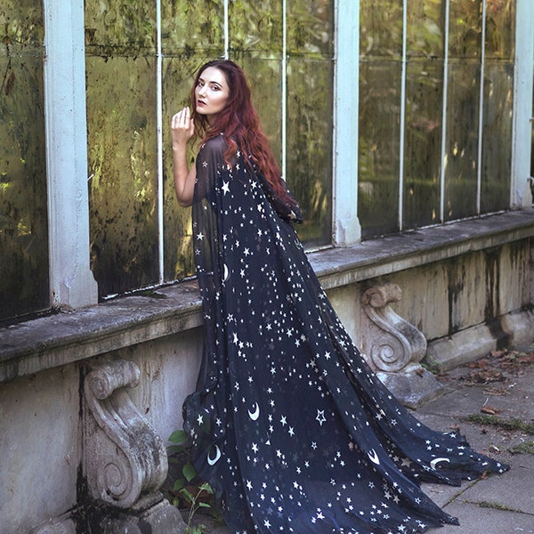 Celestial Stars & Moon Hooded Cloak: Vegan Silk Chiffon, Fantasy Costume