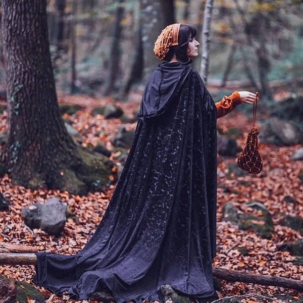 Elven Cape Velvet Black hooded Cloak Fairy medieval Fantasy Medieval