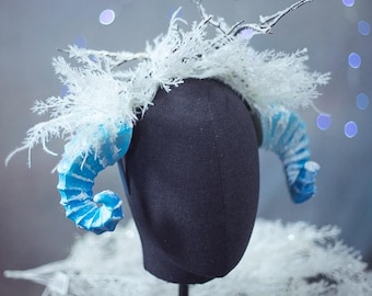 Winter Faun Horns Headdress Druid Ram horn Headband woodland Cosplay Snow Ice Blue