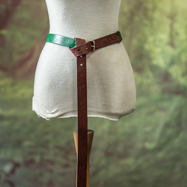 Ceinture en cuir d'elfe avec des feuilles marron et vertes, GN druide elfique pari ceinture corset en cuir réglable