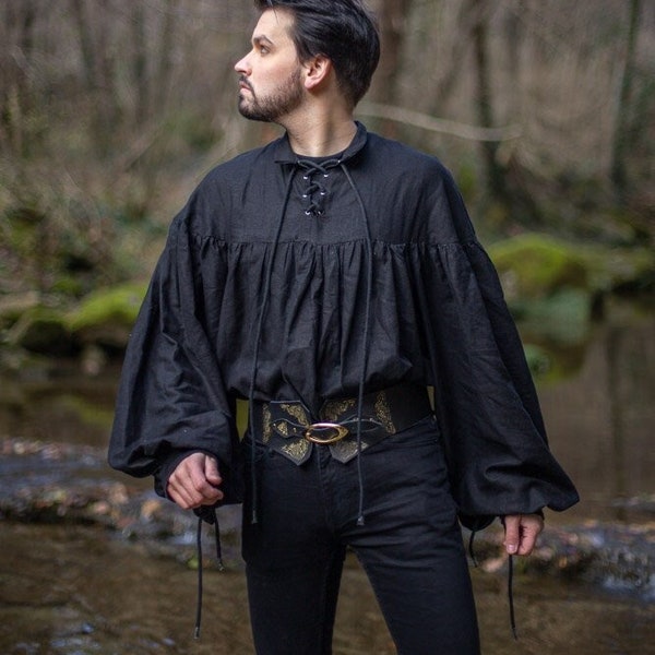 Men shirt Pirate black Shirt - Unisex Steampunk Renaissance Fantasy Medieval Renaissance Costume Cosplay larp bishop sleeve shirt