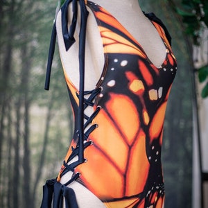 One Piece Swimsuit Beach Outfit Laced like a corset adjustable Monarch butterfly image 3