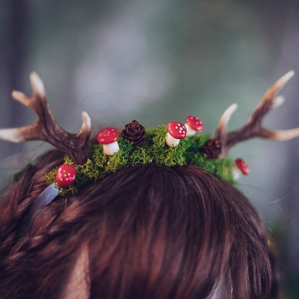 Deer Antlers with mushrooms Costume Horns resin moss Headpiece Kawaii Mori Kei Woodland Lolita Fawn Faun Larp Faerie