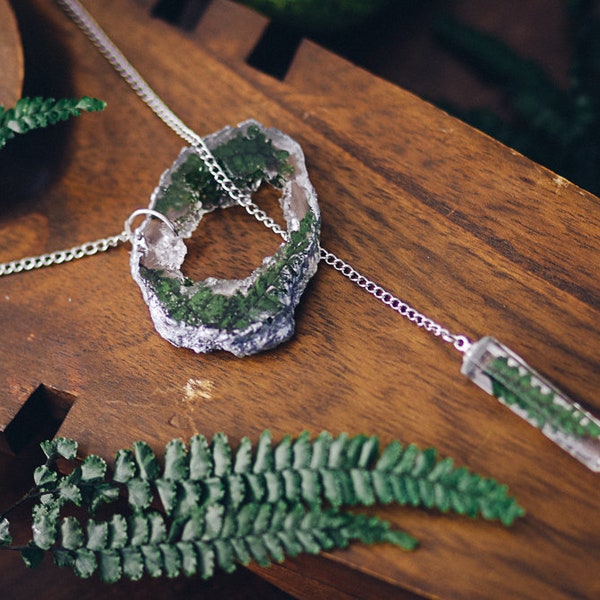 Fern necklace resin necklace Geode slice resin pendant crystal point im green pressed flower jewelry