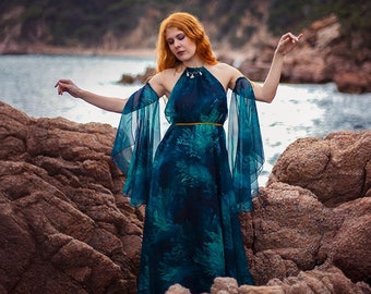 Halter Dress Blue and Green Algae Woman Chiffon Dress Mermaidcore