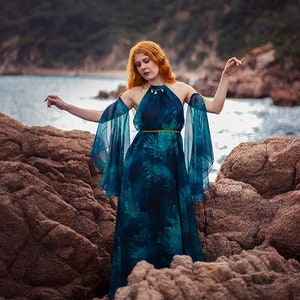 Halter dress blue and green algae Woman chiffon dress Mermaidcore marine ocean