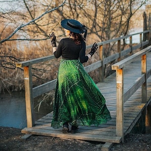 Green leaf Maxi Skirt, Long Skirt Fairy Fantasy, Dark, Monarch nature orange  costume dance boho summer fashion