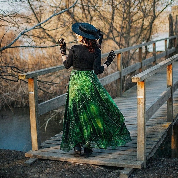 Jupe longue feuille verte, mousseline de soie soyeuse, mode fantaisie
