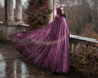 Cloak Burnout Velvet Dark Pink Burgundy Cape Fairytale Fantasy Witch hood Elven Druid Handfasting