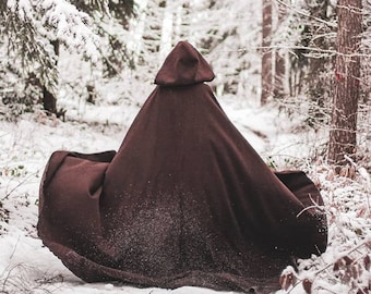 Brown vegan wool cloth Cape Hooded Cloak Riding Hood cloak with train very long