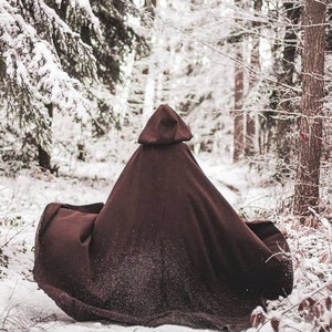 Brown vegan wool cloth Cape Hooded Cloak Riding Hood cloak with train very long larp costume witch cloak woodland
