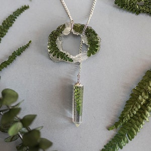 Fern necklace resin necklace Geode slice resin pendant crystal point im green pressed flower jewelry image 2