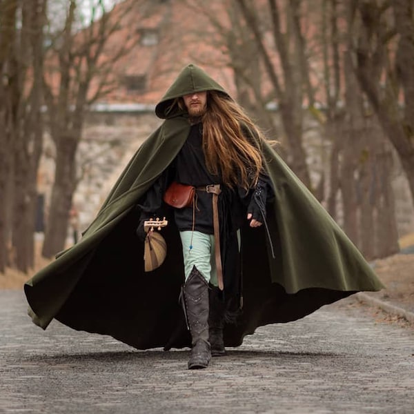 Green Vegan Wool Druid Cape Hooded Cloak Elven Costume cloth Hood cloak with train very long