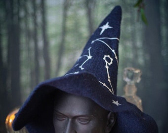 Chapeau bleu de sorcière avec chapeau de sorcier céleste constellations en laine feutrée costume d'Halloween sorcière GN cosplay wicca occulte dark academia