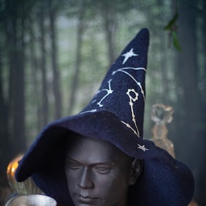 Witch blue hat with stars Constellations celestial wizard hat felted wool Halloween costume witch larp cosplay wicca occult dark academia