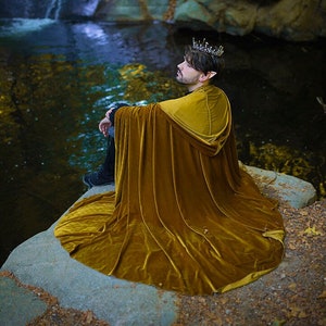 Gold Velvet cape dark yellow hooded cloak, medieval elven fantasy costume cape with hood