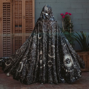 Black Stars & Moon cloak in velvet Celestial Fashion polyester cape with hood  dark fantasy witch wizard costume back to black