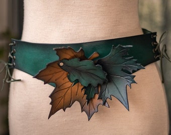 Elf leather belt with leaves in brown, LARP druid elven bet adjustable