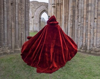 Red Velvet Cape Hooded Cloak Riding Hood cloak with train very long