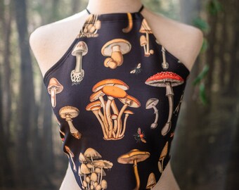 Bikini Halter mushroom top swimwear confortable adjustable crop top bandadge yoga clothing blue fungi nature lover