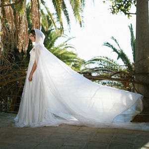 Wedding bridal cloak white ivory cream vanille chiffon polyester cape with hood handfasting Medieval Wedding Cape image 1
