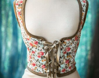 Hobbit bodice, Renaissance corset flowers cottagecore style  corset vest, Wench regency steampunk
