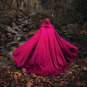 Burgundy cloak dark red satin cape hooded medieval larp riding hood cosplay costume fairycore goblincore cottagecore