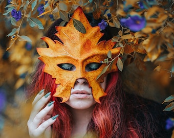 Leather Mask Druid Leaf Maple autumn natural wiccan masquerade  Green Man