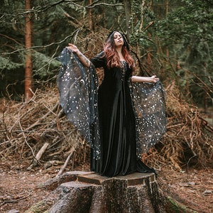 Black Witch Costume Dress medieval Celtic gown wiccan elven dress long sleeves with stars celestial inspiration witchcraft