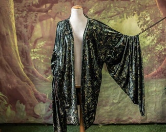 Robe de chambre elfique, kimono de mode elfique, tissu vintage en velours de feuilles de chêne