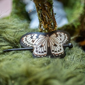 Nymph Butterfly white and black Hair Barrette in Vegan Leather Autumn whimsical accessory head piece woodland cottagecore