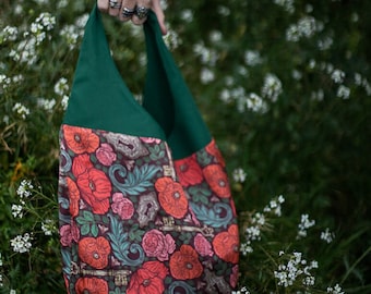 Poppies and old key Tote bag Alicia in wonderland fabric shopping bag large shoulder bag vintage witchcraft basket inspired handbag shoulder