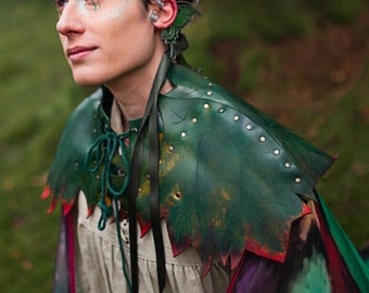Elven leather Gorget Green Leaf armor shoulders inspired armor historical scottish fairycore goblincore woodland