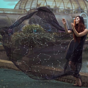 Constellations cloak in vegan silk chiffon Celestial Fashion Galaxy cape with hood handfasting medieval dark fantasy witch wizard costume