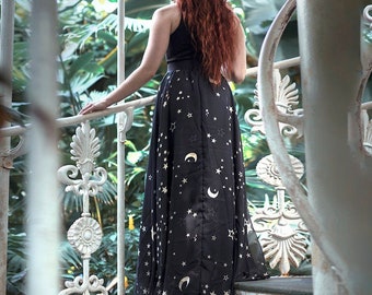 Stars & Moons Print Maxi Skirt Whimsigoth , Long Skirt Fairy Fantasy, Dark, Celestial Fashion Gothic, Black, stars, costume dance boho