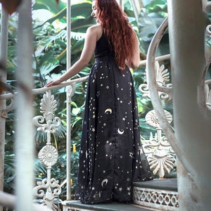 Stars & Moons Print Maxi Skirt Whimsigoth , Long Skirt Fairy Fantasy, Dark, Celestial Fashion Gothic, Black, stars, costume dance boho