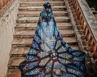 Stained Glass cape Cathedral Notre Dame Vitral cloak with hood and train 3 metres long