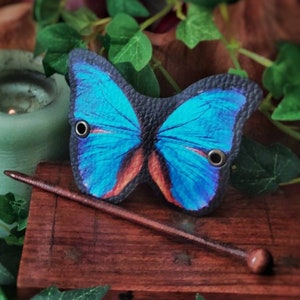 Blue Butterfly Hair Barrette in Vegan Leather blue morpho Autumn whimsical accessory head piece woodland cottagecore image 1