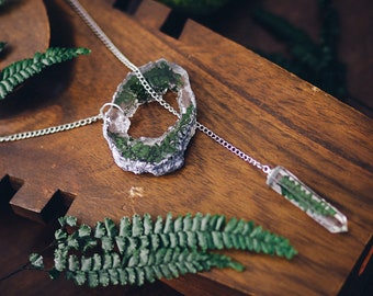 Fern Resin Necklace, Geode Slice & Crystal Point Pendant