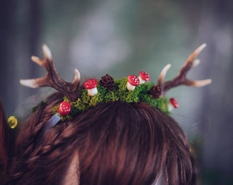 Deer Antlers with mushrooms Costume Horns resin moss Headpiece Kawaii Mori Kei Woodland Lolita Fawn Faun Larp Faerie