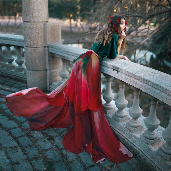 Flower cape floral cloak Red Rose scarf shawl romantic poncho convertible skirt