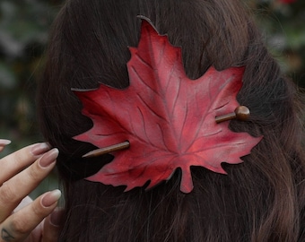 Autumn Red Leather Leaf Hair Barrette in Leather Autumn whimsical accessory head piece woodland cottagecore