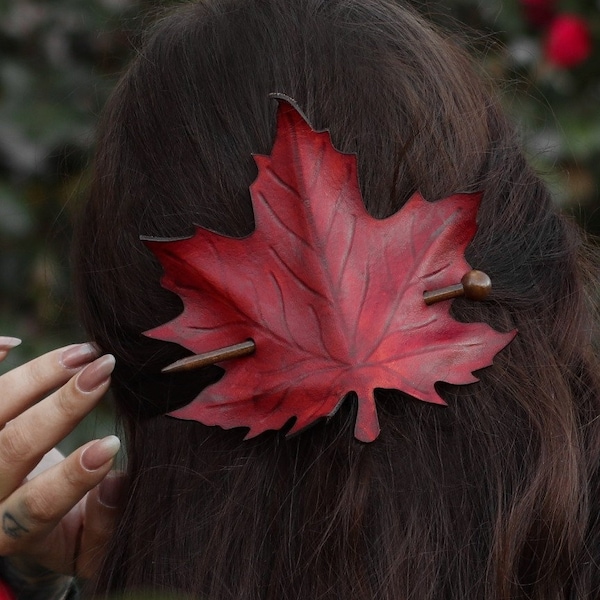 Red Leather Leaf Hair Barrette with Wood Stick, Autumn Accessory
