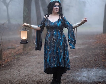 Celestial Whimsigoth velvet dress , witchy clothing , witch Forestcore dark elastic dress adjustable